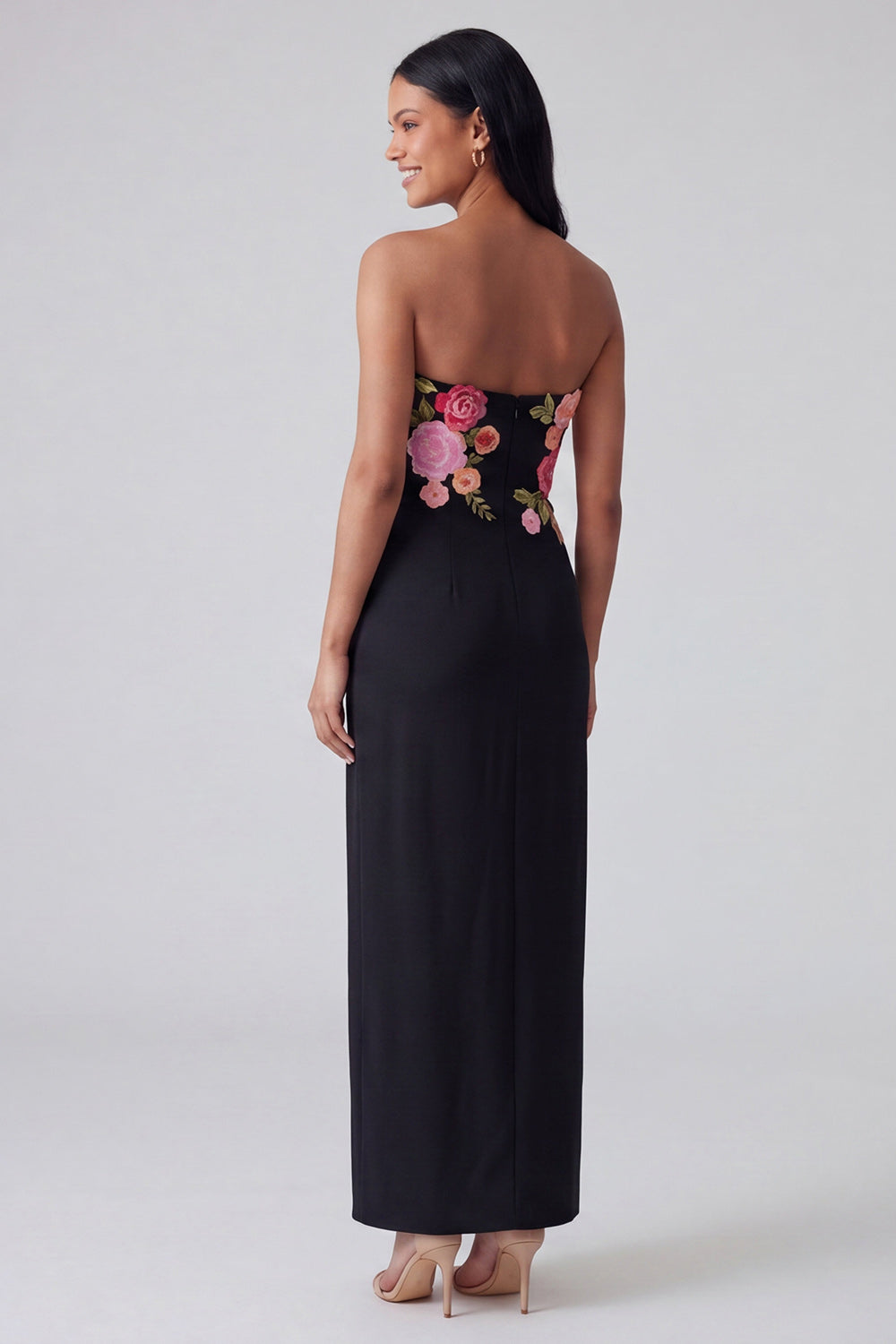Strapless Light Yellow Floral Maxi Sheath Formal Dress