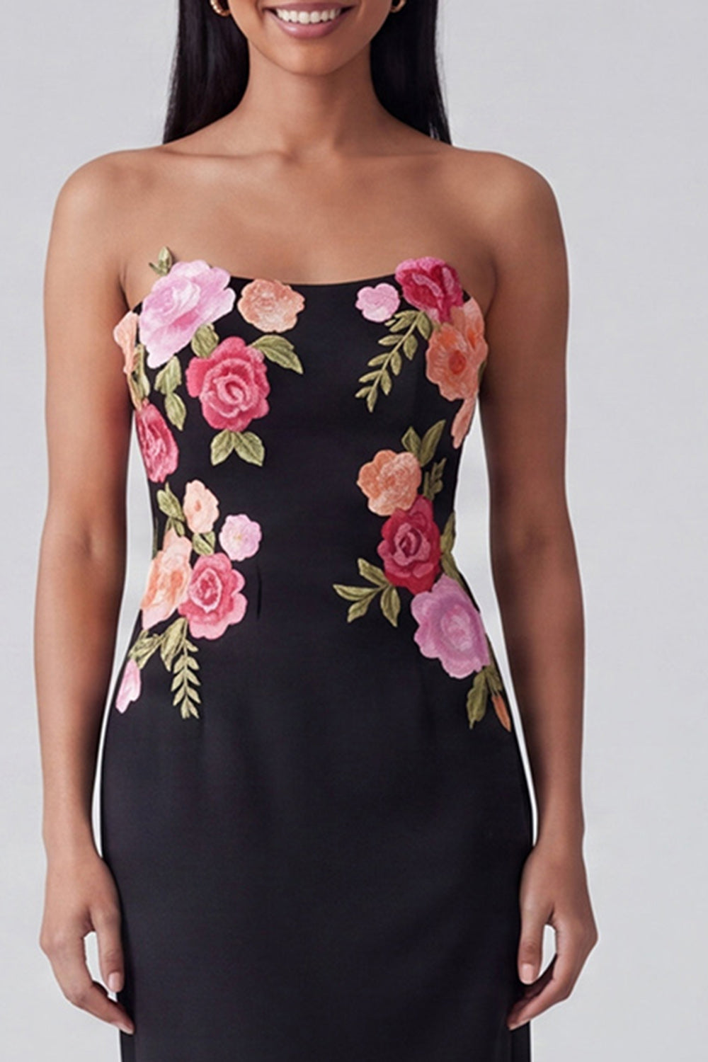 Strapless Light Yellow Floral Maxi Sheath Formal Dress