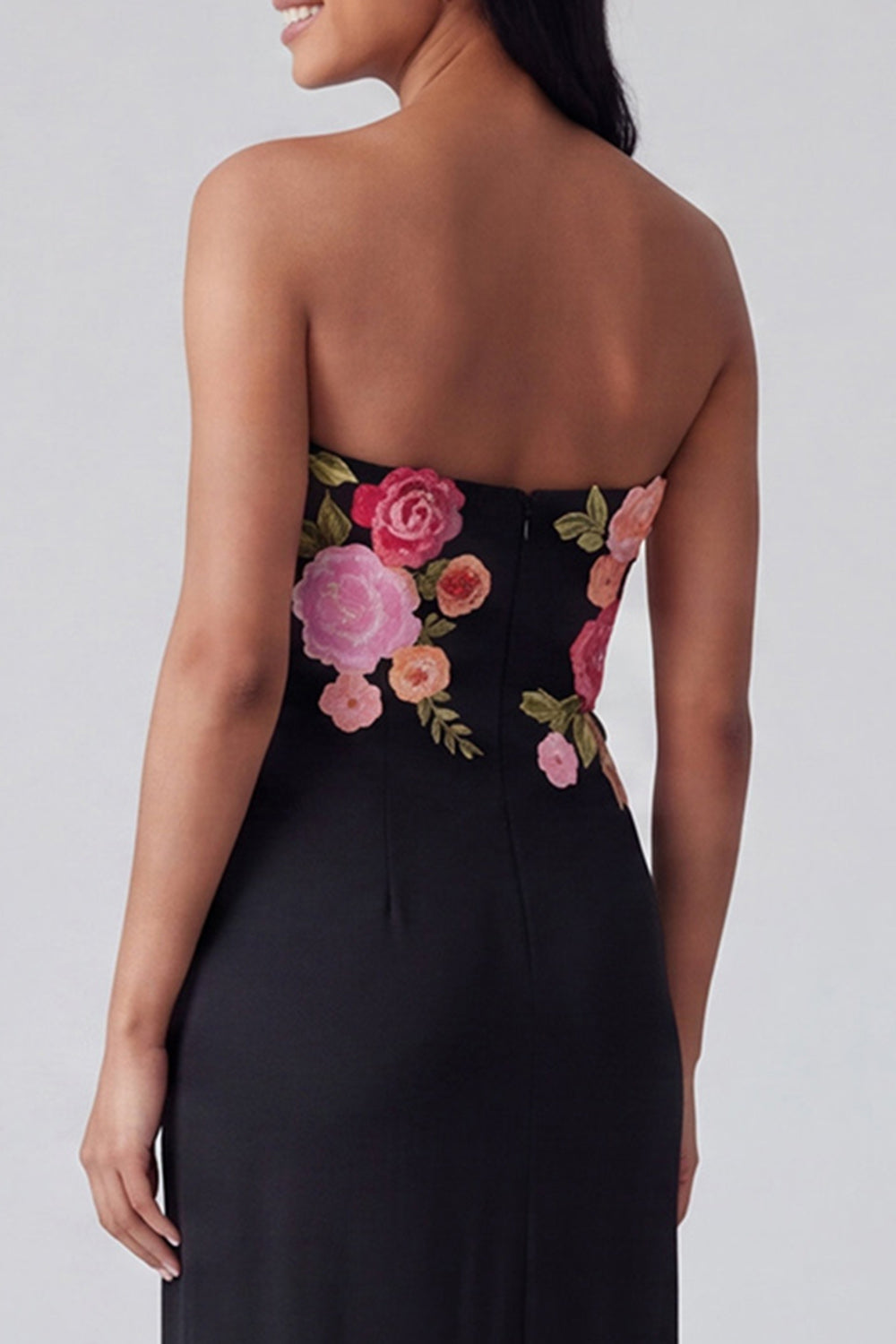 Strapless Light Yellow Floral Maxi Sheath Formal Dress