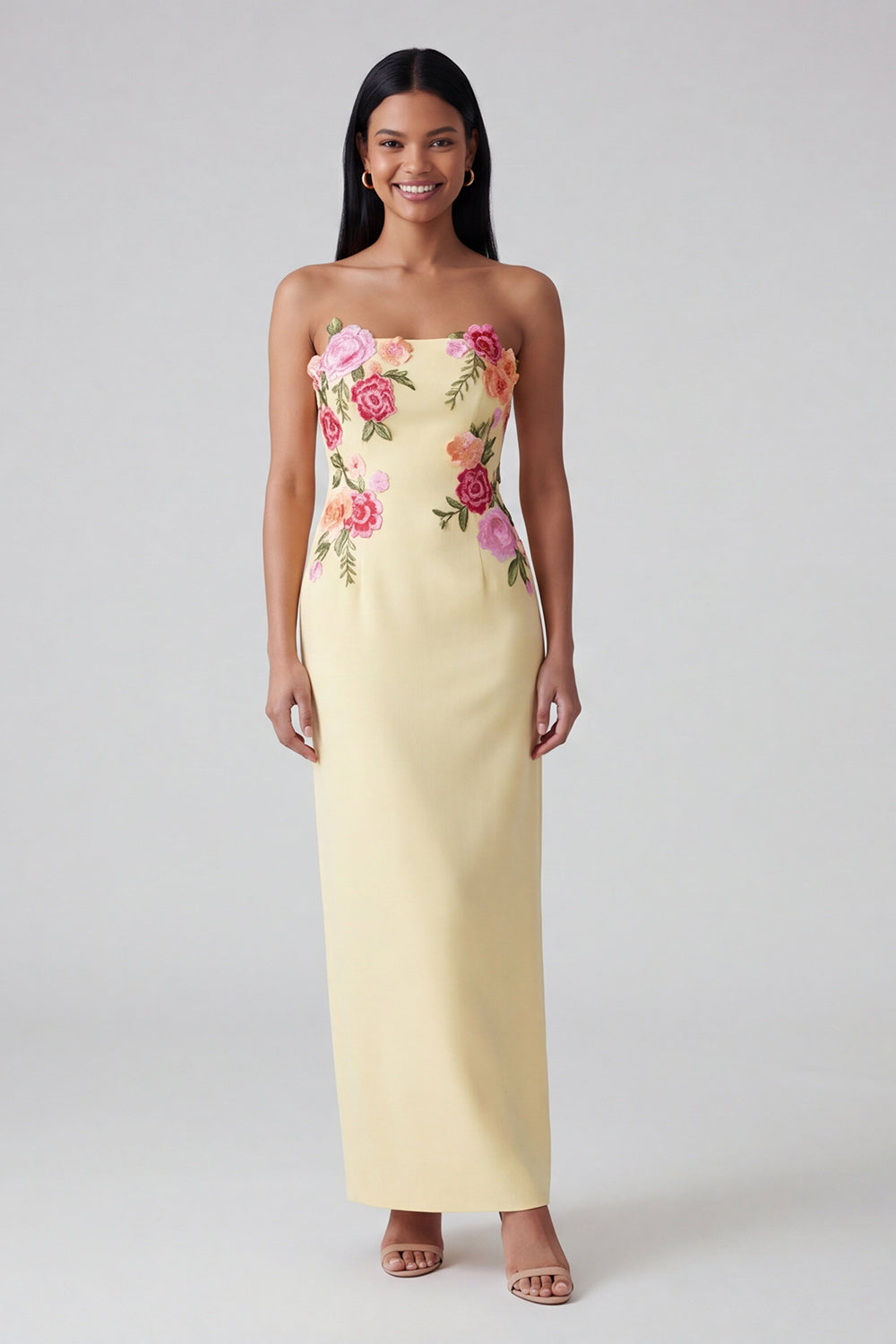 Light Yellow Floral Maxi Formal Dress Sheath Strapless Derb Dress