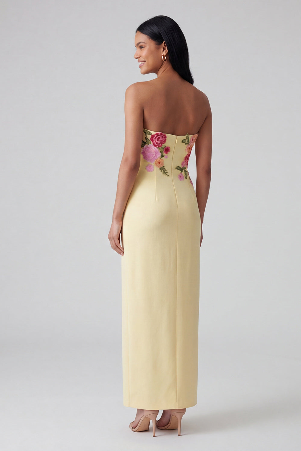 Strapless Light Yellow Floral Maxi Sheath Formal Dress