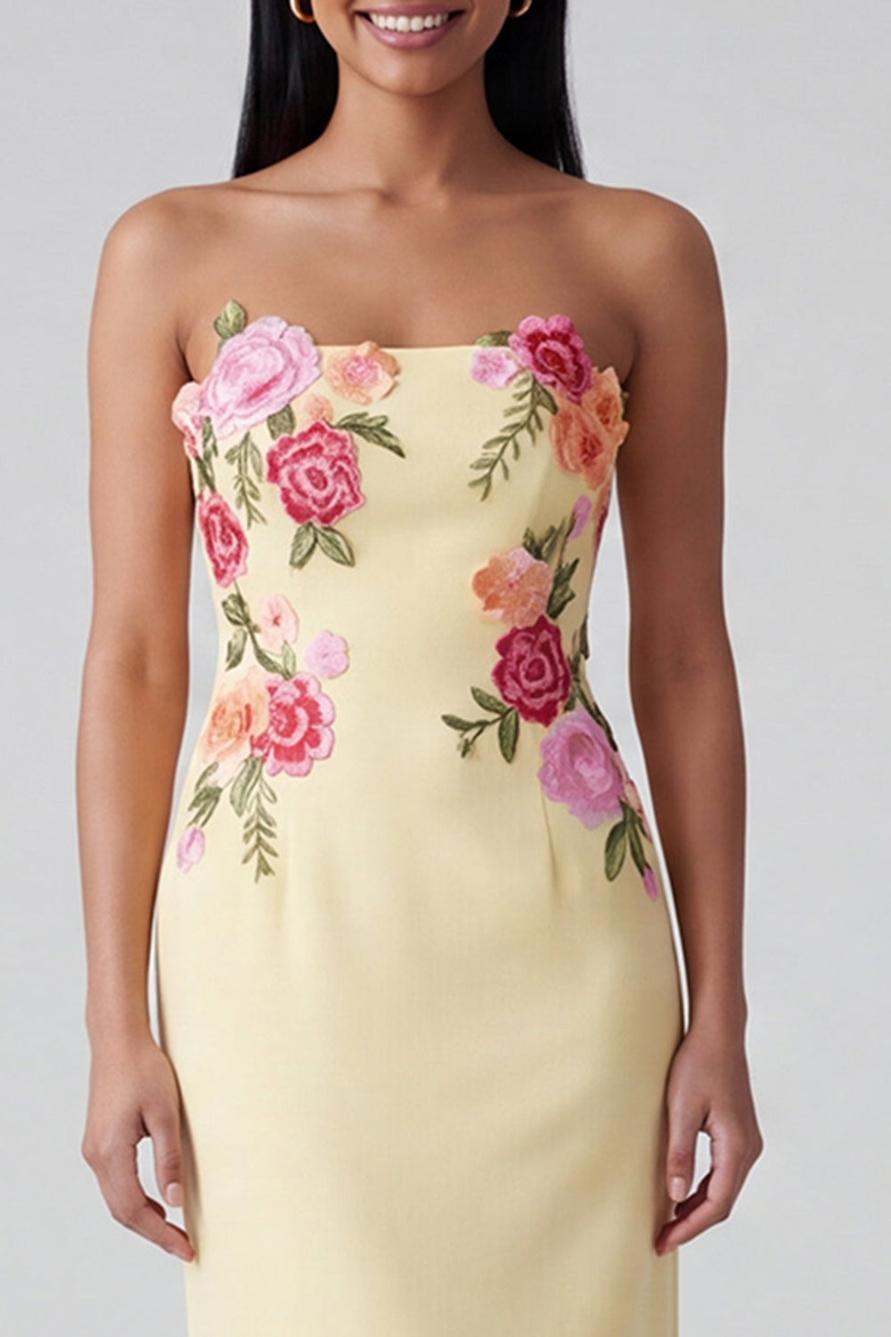 Strapless Light Yellow Floral Maxi Sheath Formal Dress