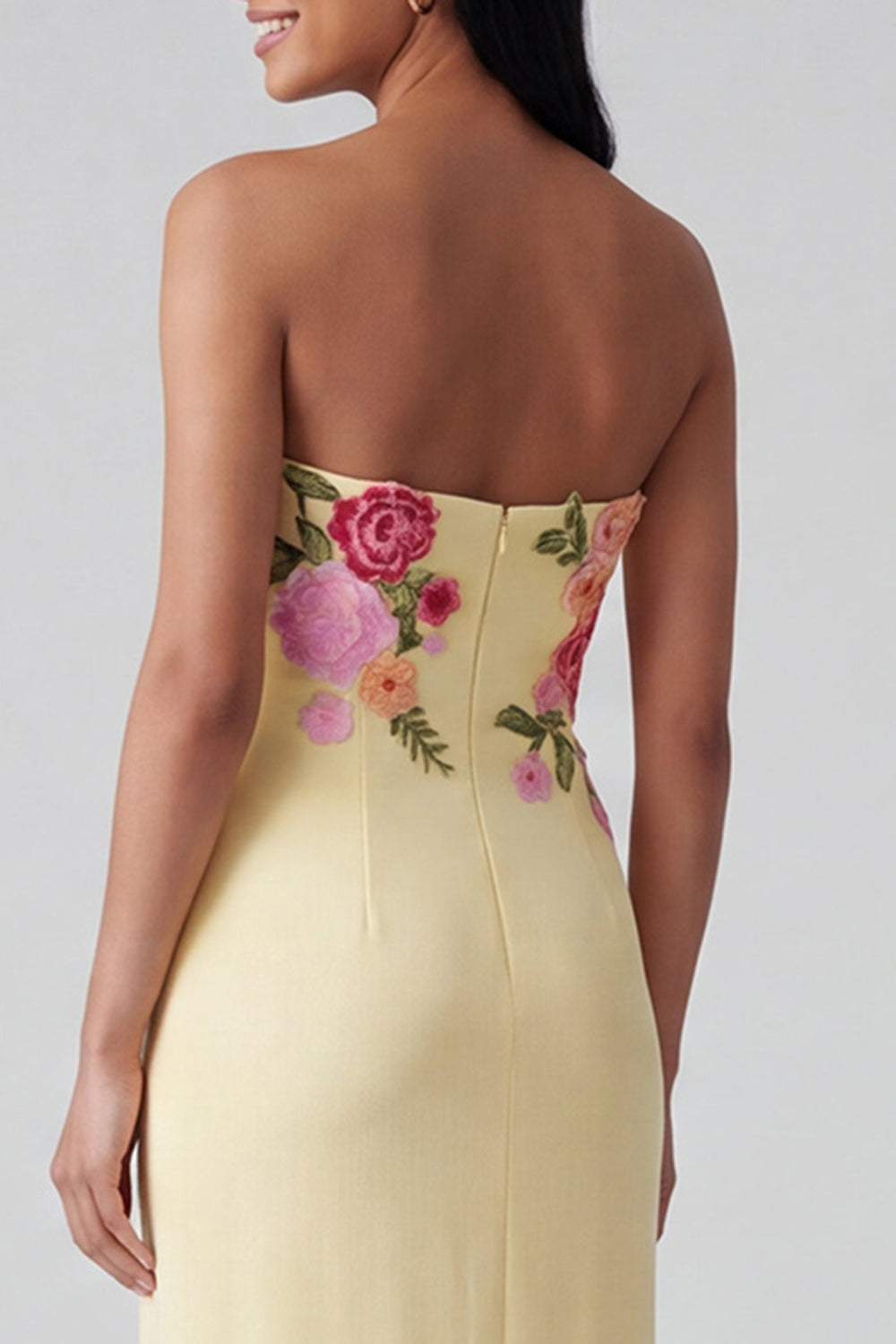 Strapless Light Yellow Floral Maxi Sheath Formal Dress