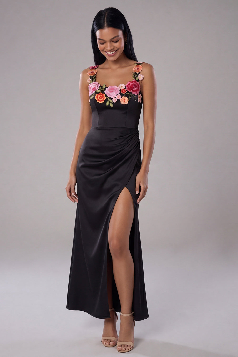 Mermaid Black Ruched Scoop Floral Maxi Formal Dress with Slit