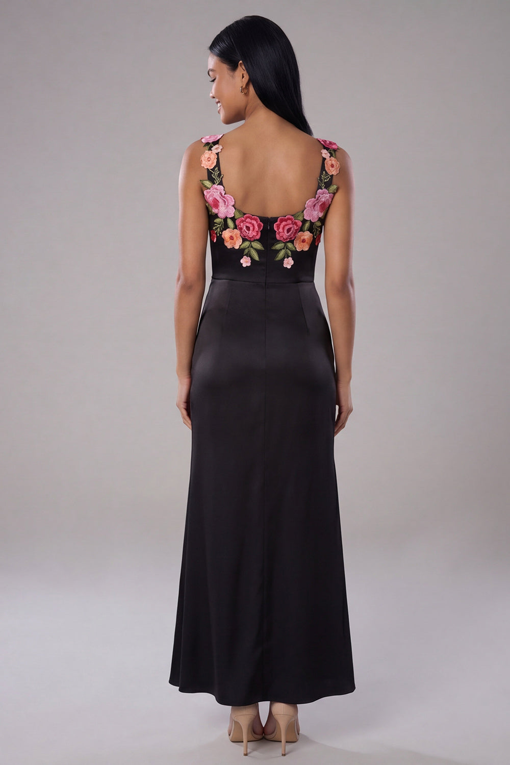 Mermaid Black Ruched Scoop Floral Maxi Formal Dress with Slit