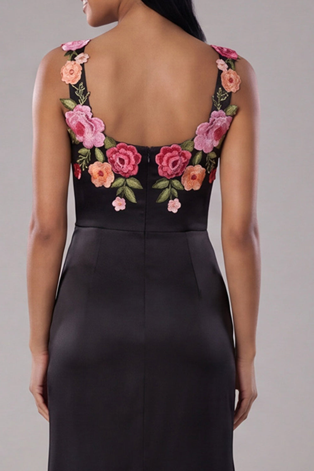Mermaid Black Ruched Scoop Floral Maxi Formal Dress with Slit