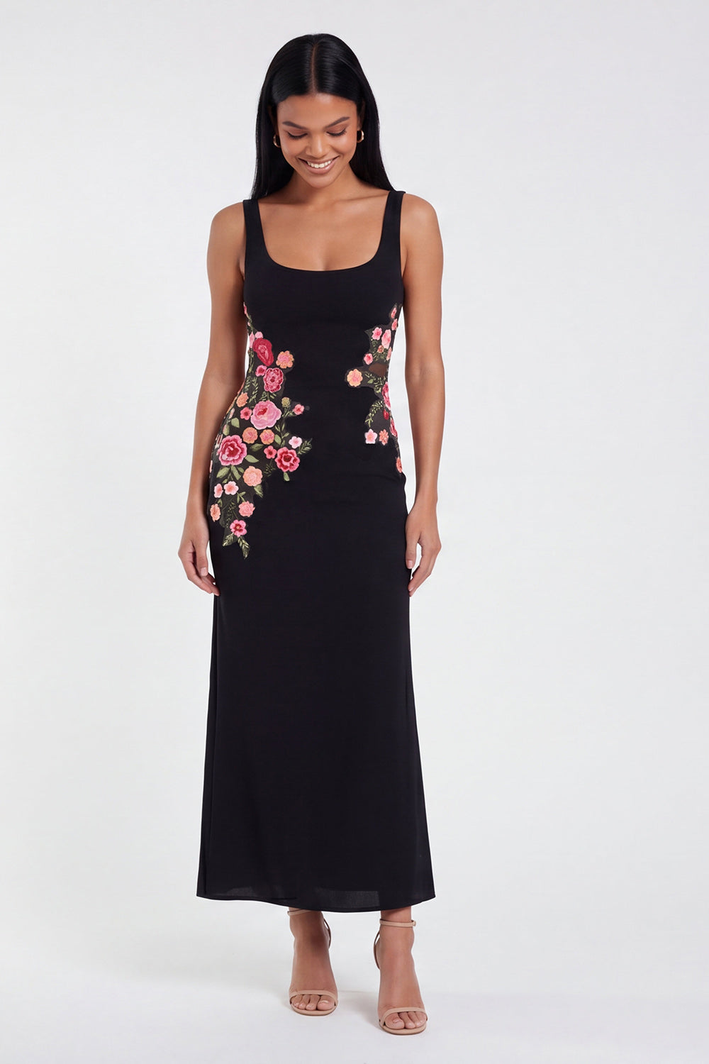 Thick Straps Mermaid Black Floral Maxi Formal Dress