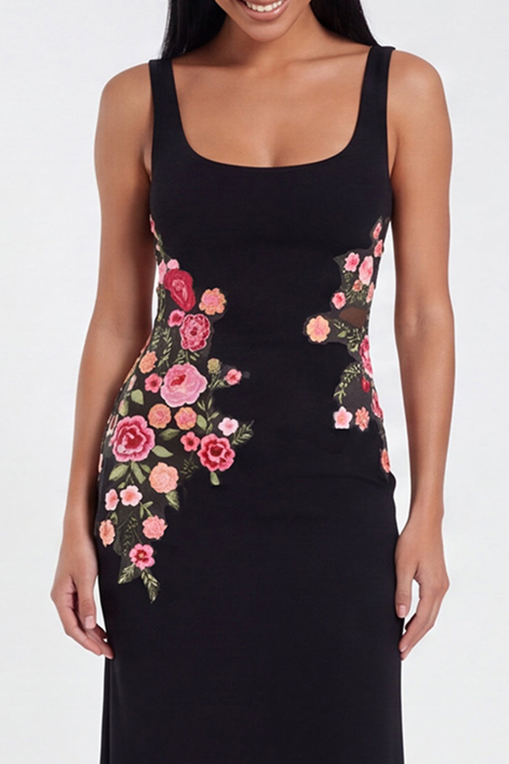 Thick Straps Mermaid Black Floral Maxi Formal Dress