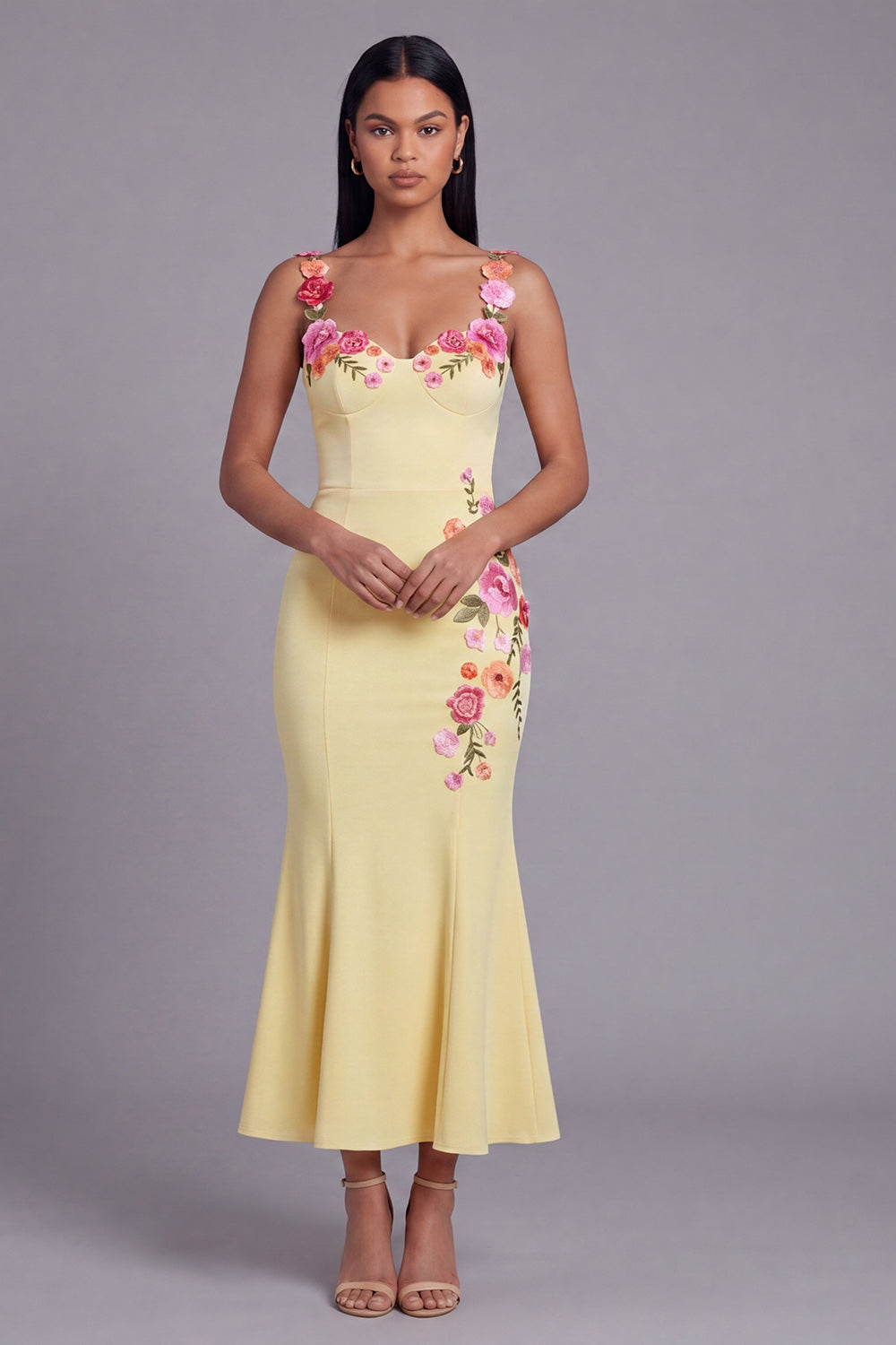 Light Yellow Thick Straps Mermaid Floral Maxi Formal Dress