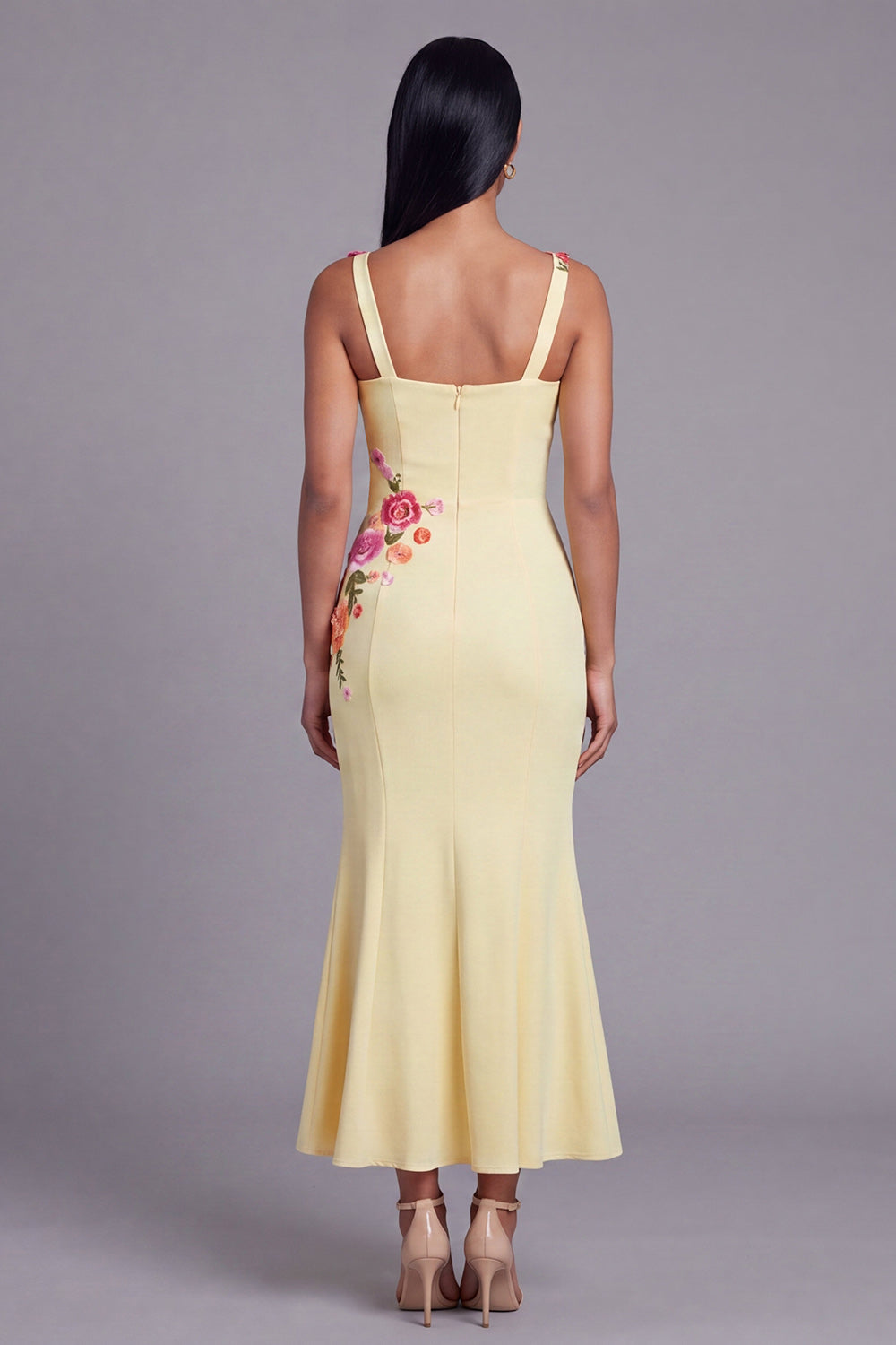 Light Yellow Thick Straps Mermaid Floral Maxi Formal Dress