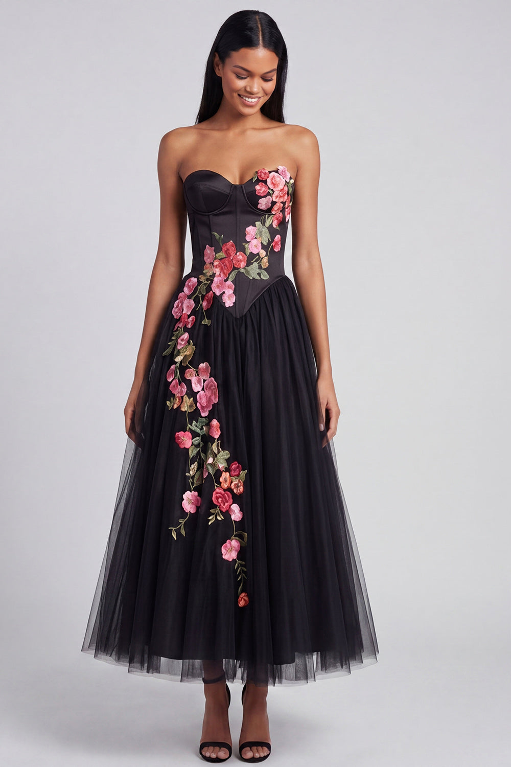 Black Corset Strapless Floral Maxi A Line Formal Dress