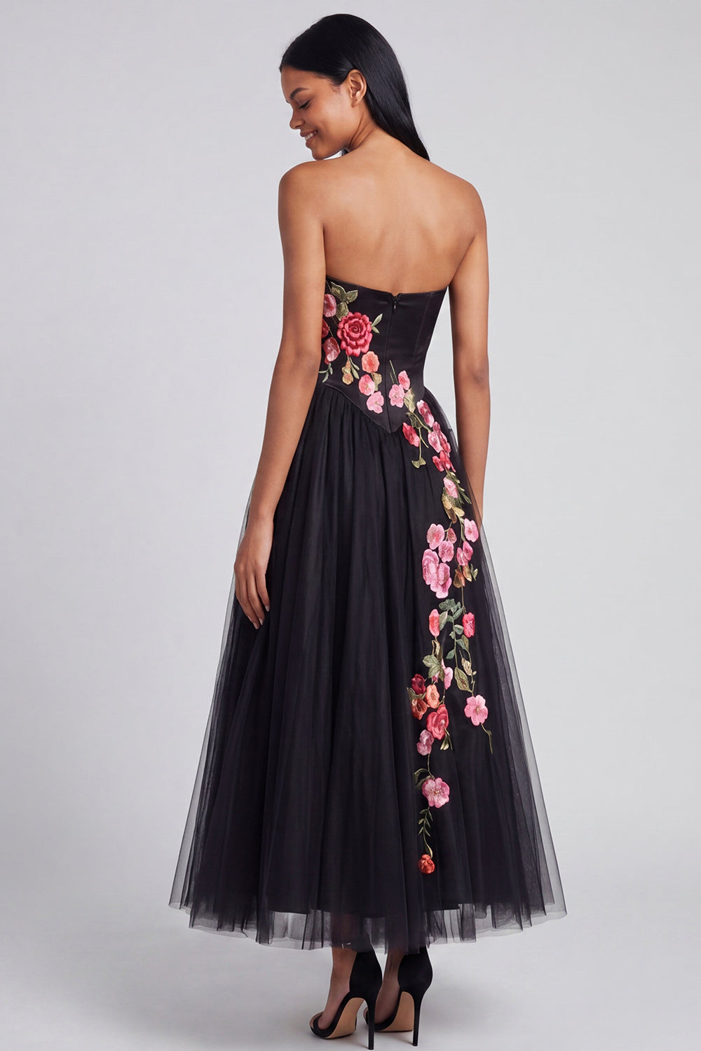 Black Corset Strapless Floral Maxi A Line Formal Dress