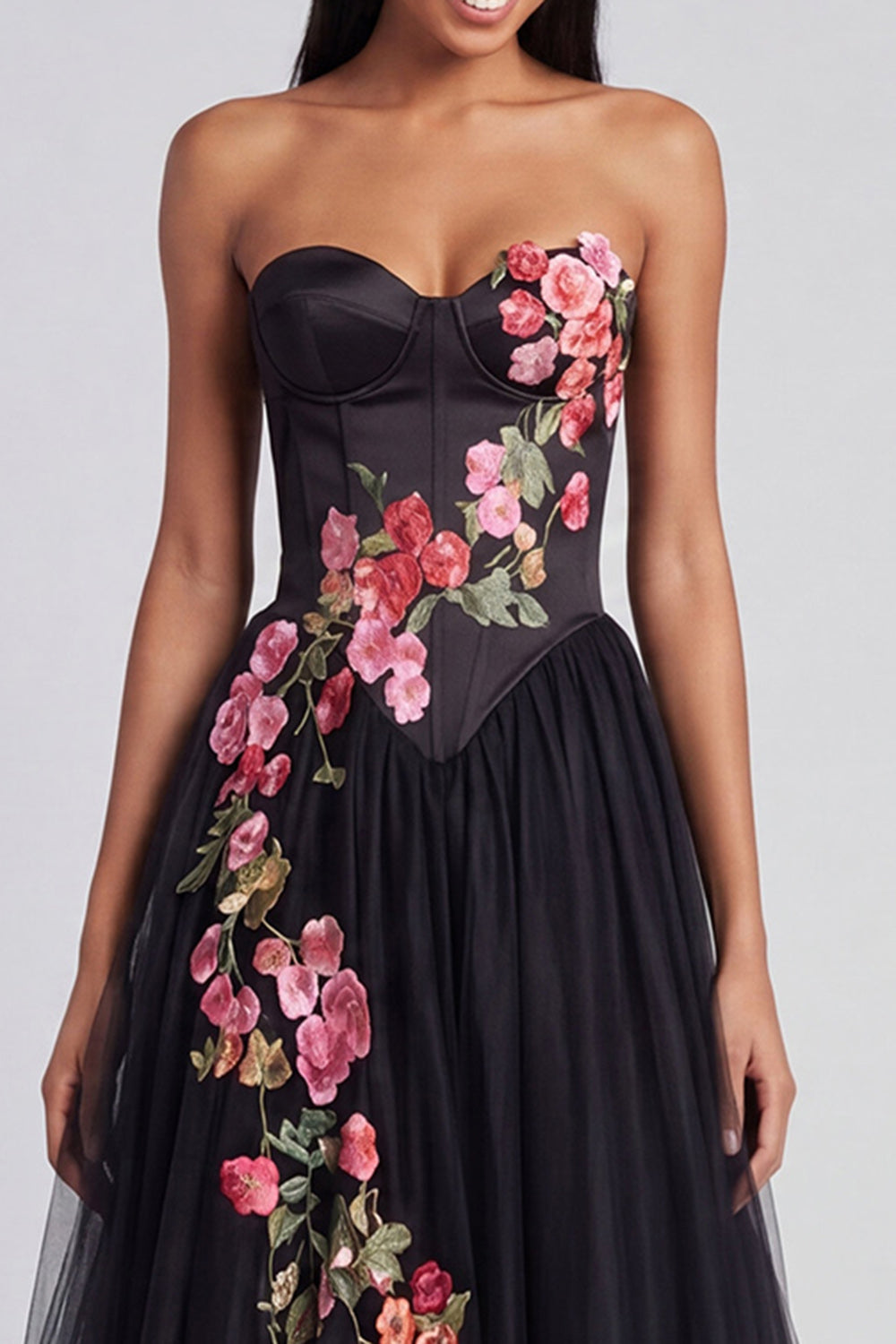 Black Corset Strapless Floral Maxi A Line Formal Dress