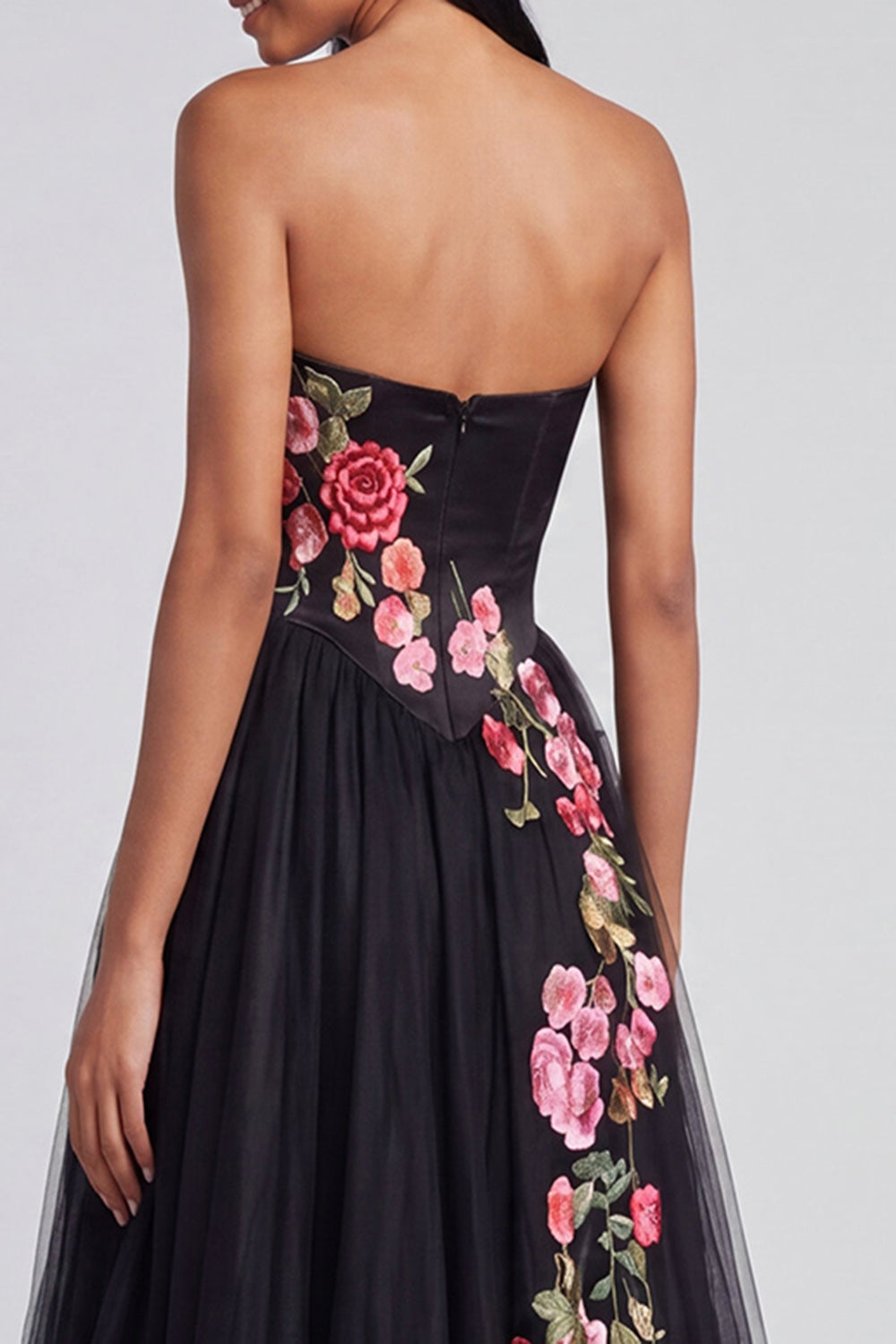 Black Corset Strapless Floral Maxi A Line Formal Dress