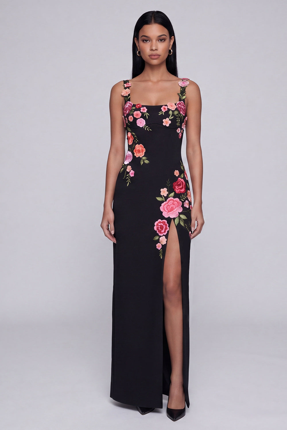 Square Neck Sheath Black Floral Maxi Formal Dress with Slit