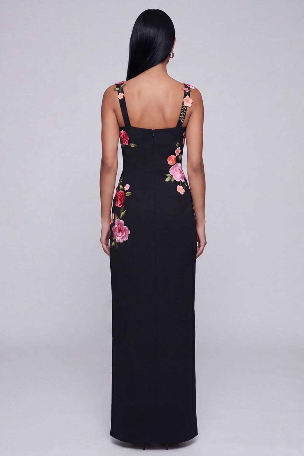 Square Neck Sheath Black Floral Maxi Formal Dress with Slit