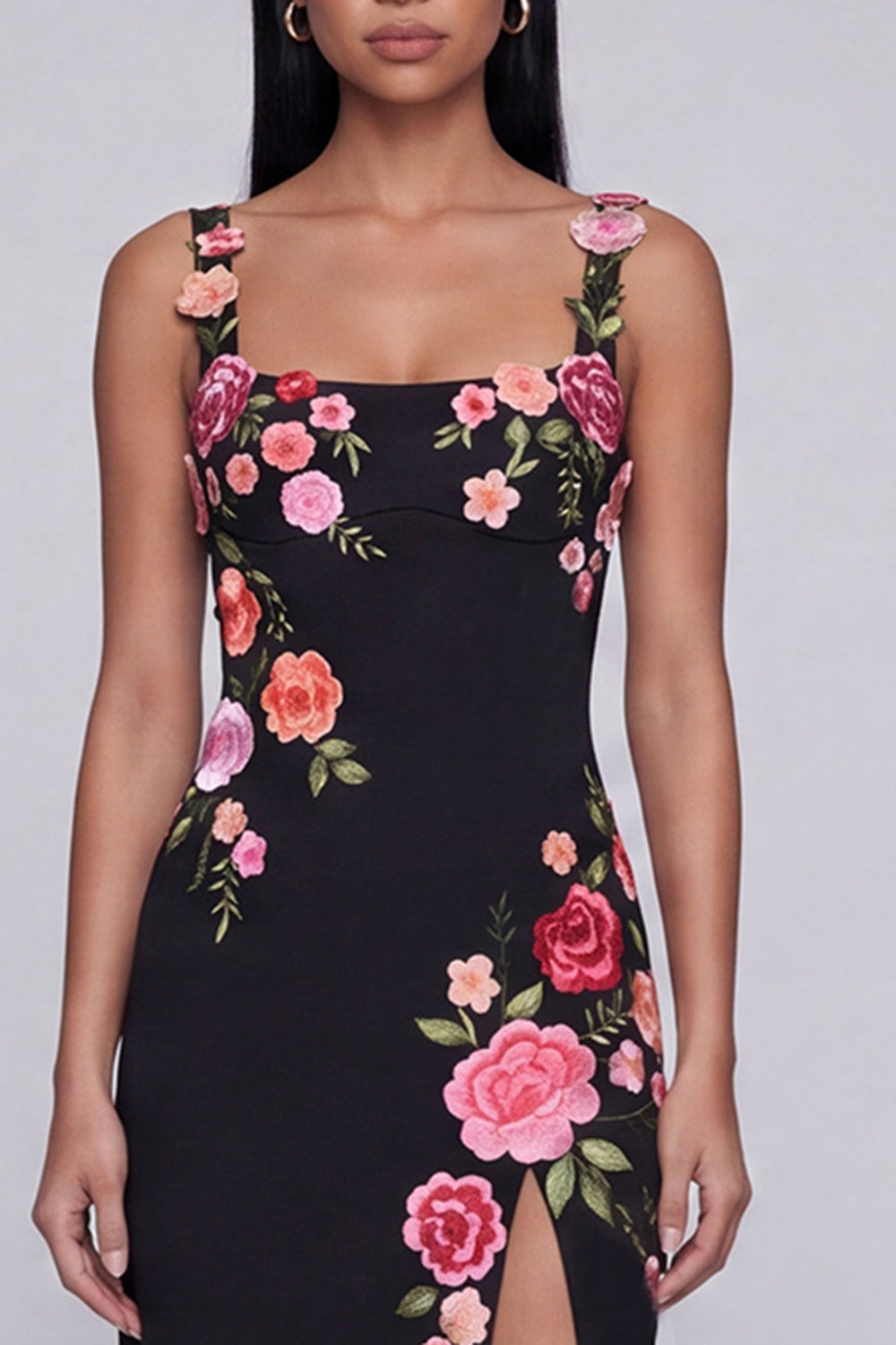 Square Neck Sheath Black Floral Maxi Formal Dress with Slit