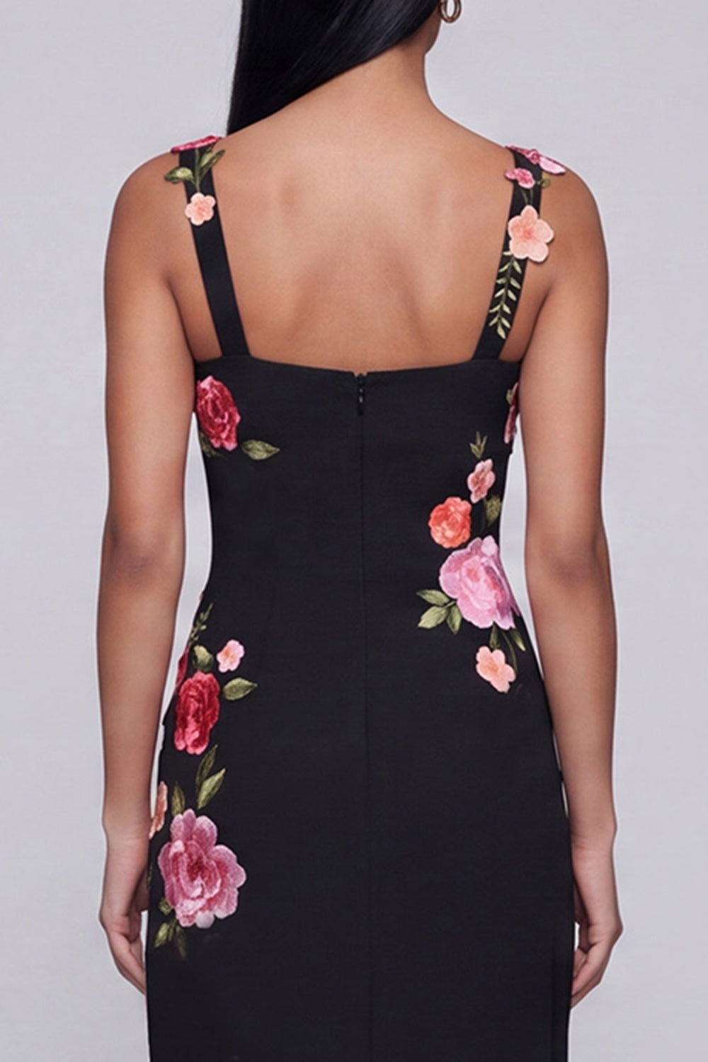 Square Neck Sheath Black Floral Maxi Formal Dress with Slit