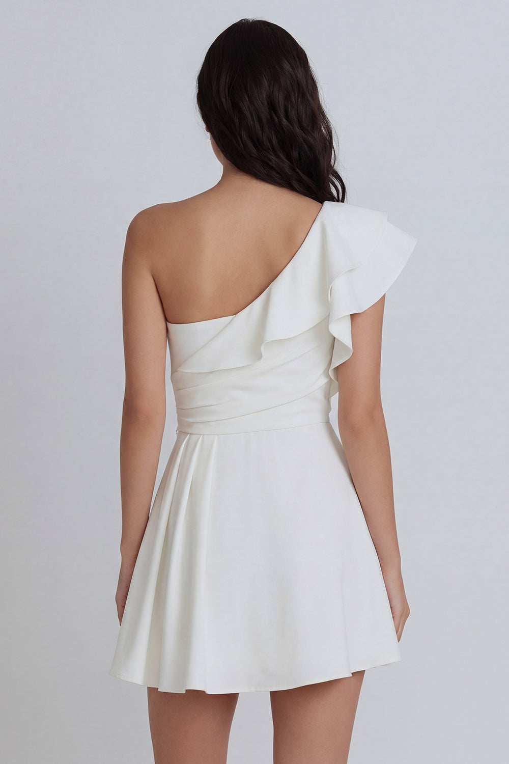 Ruched A Line One Shoulder Ivory Short Bridal Shower Dress with Ruffles