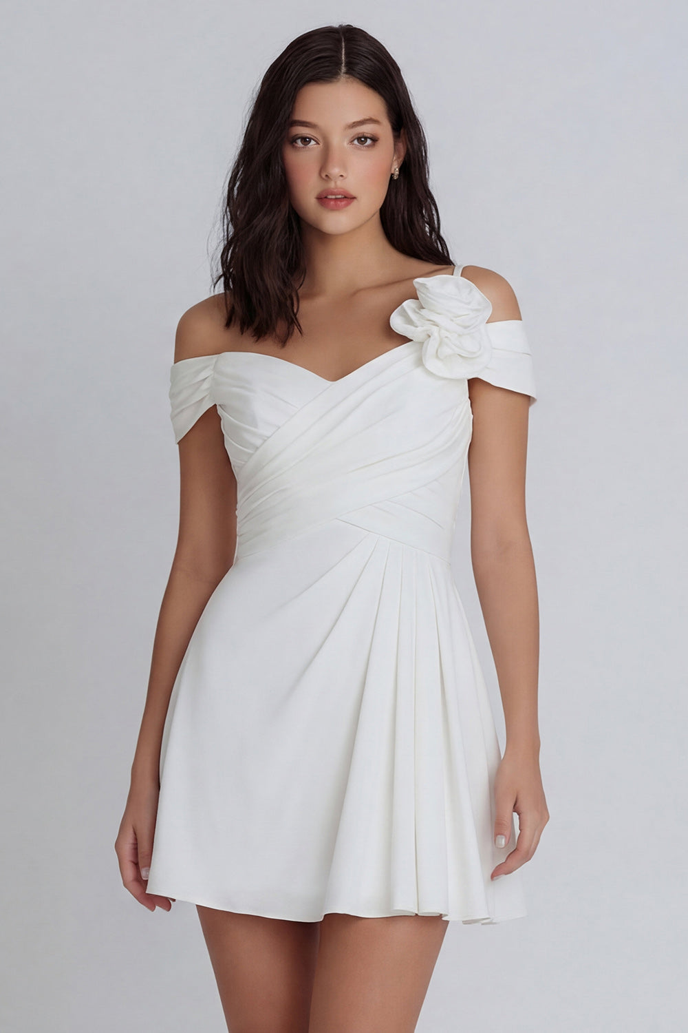 Off the Shoulder Ruched A Line Ivory Short Bridal Shower Dress with 3D Flower