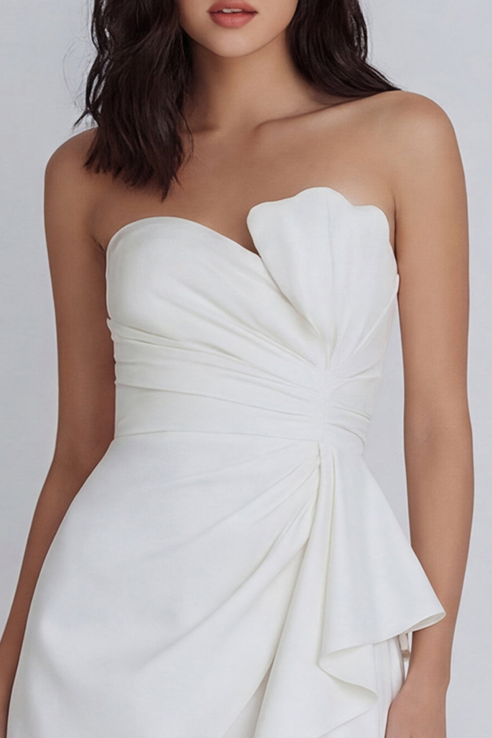 A Line Strapless Ruched Ivory Short Ruffled Bridal Shower Dress