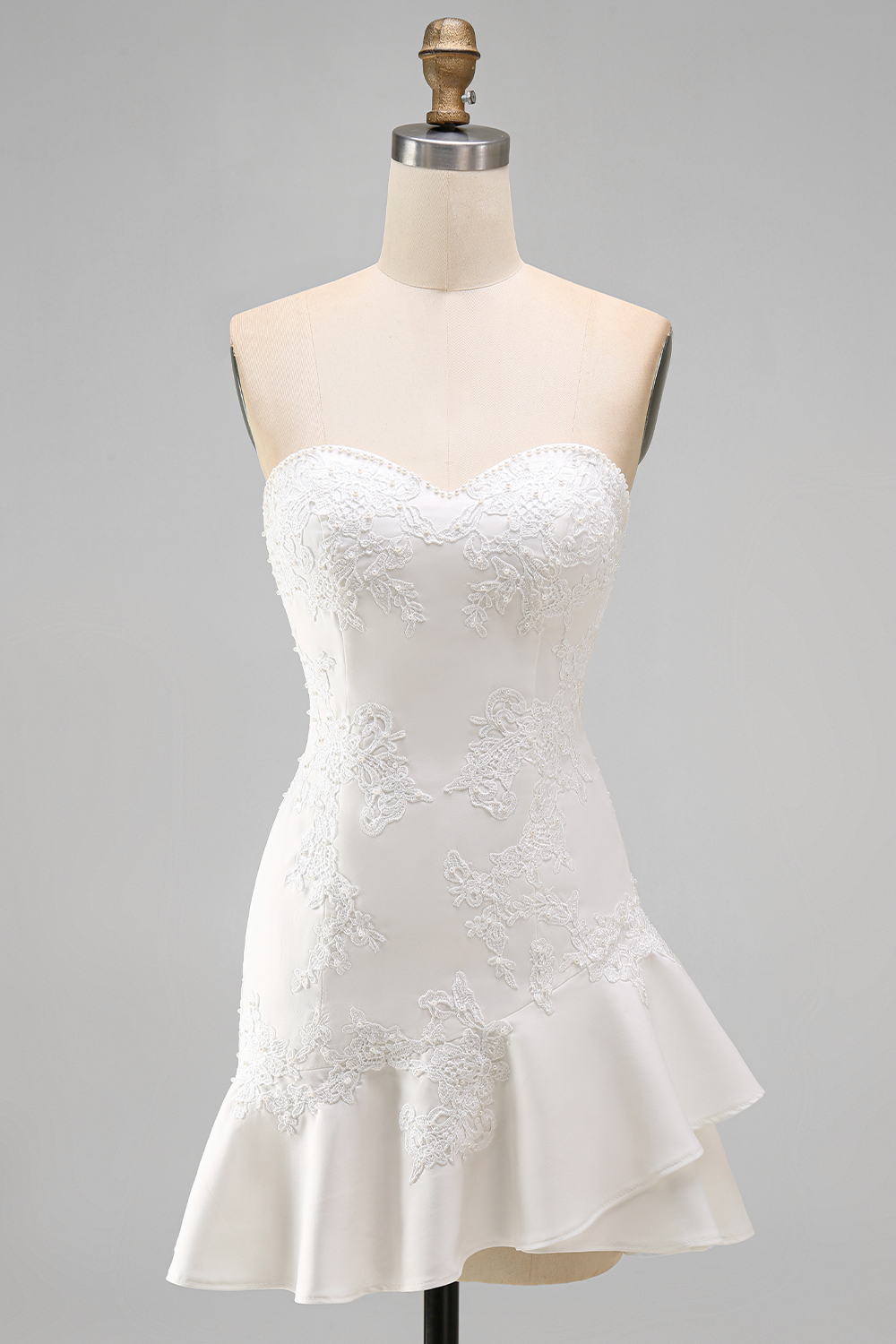 Ruffled A Line Strapless Ivory Short Floral Bridal Shower Dress with Pearls