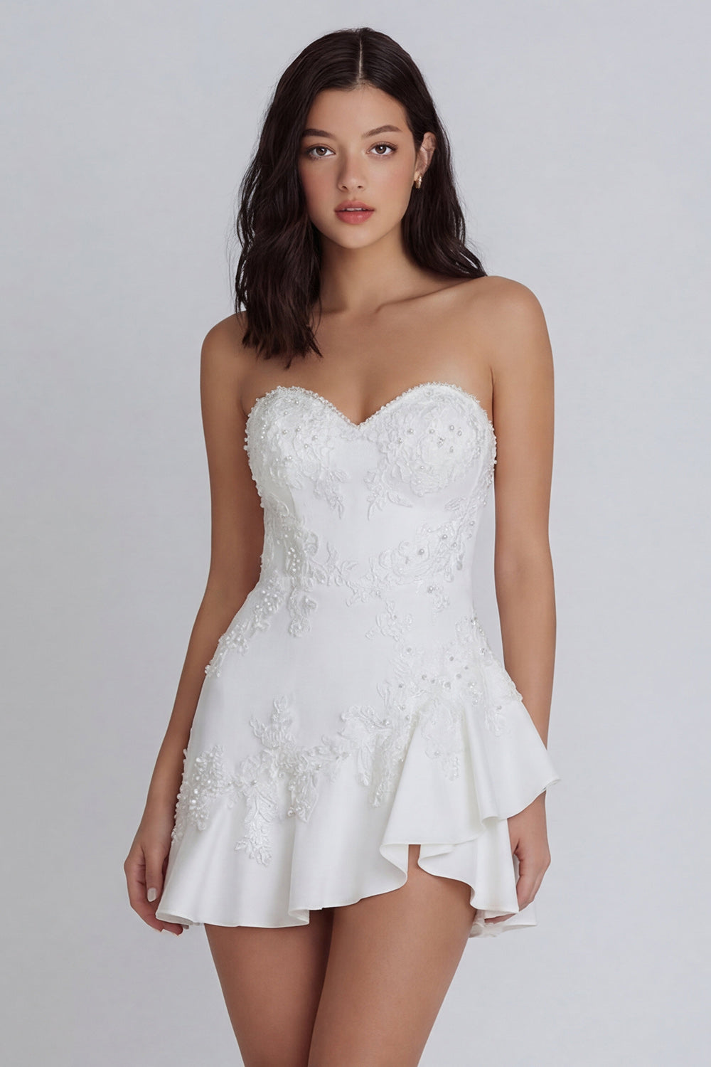 Ruffled A Line Strapless Ivory Short Floral Bridal Shower Dress with Pearls