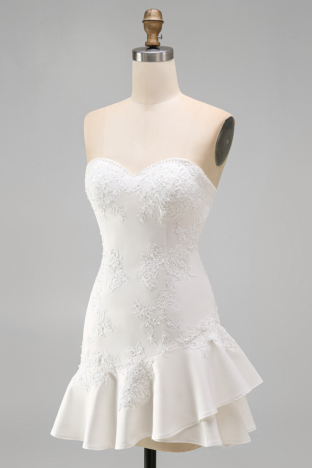 Ruffled A Line Strapless Ivory Short Floral Bridal Shower Dress with Pearls