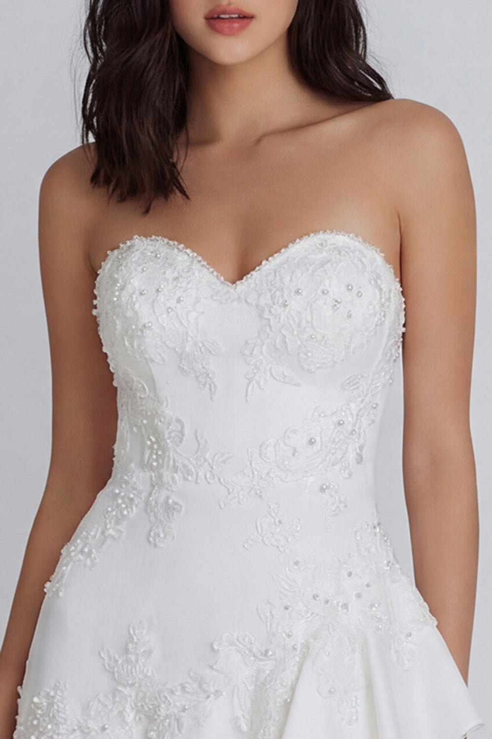 Ruffled A Line Strapless Ivory Short Floral Bridal Shower Dress with Pearls