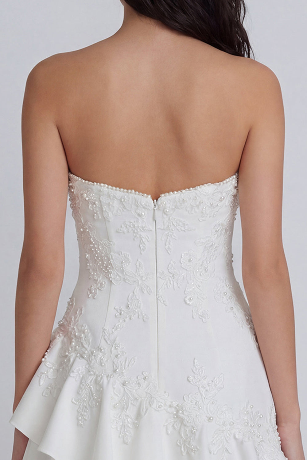 Ruffled A Line Strapless Ivory Short Floral Bridal Shower Dress with Pearls