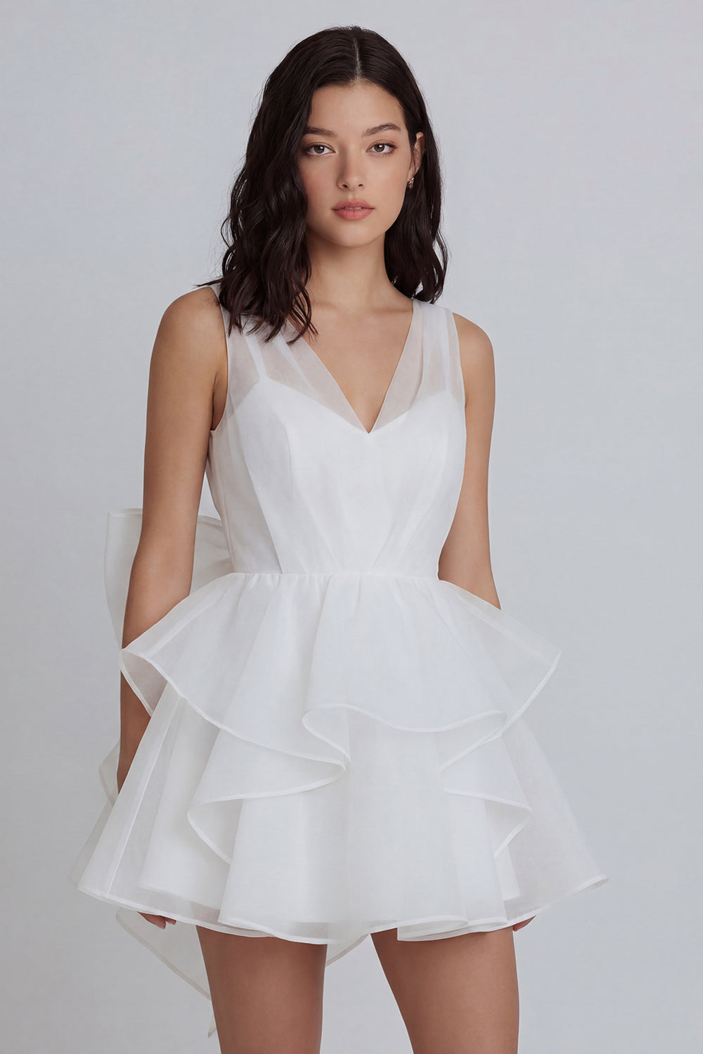 V-Neck A Line Ivory Short Ruffled Bridal Shower Dress with Bow