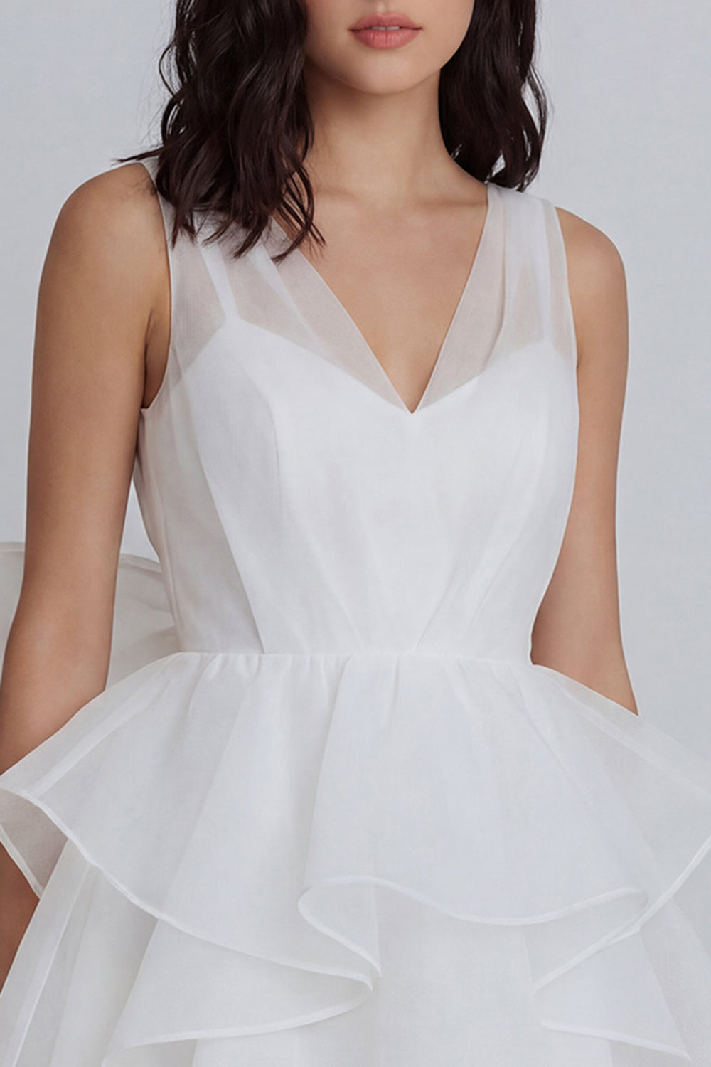 V-Neck A Line Ivory Short Ruffled Bridal Shower Dress with Bow