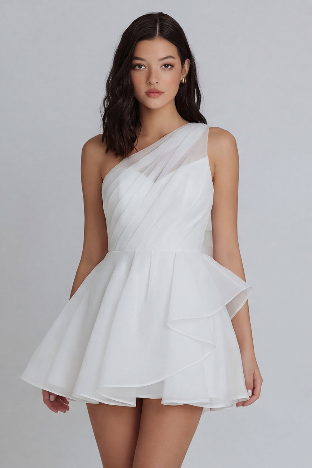 One Shoulder A Line Ivory Short Ruched Bridal Shower Dress with Ruffles