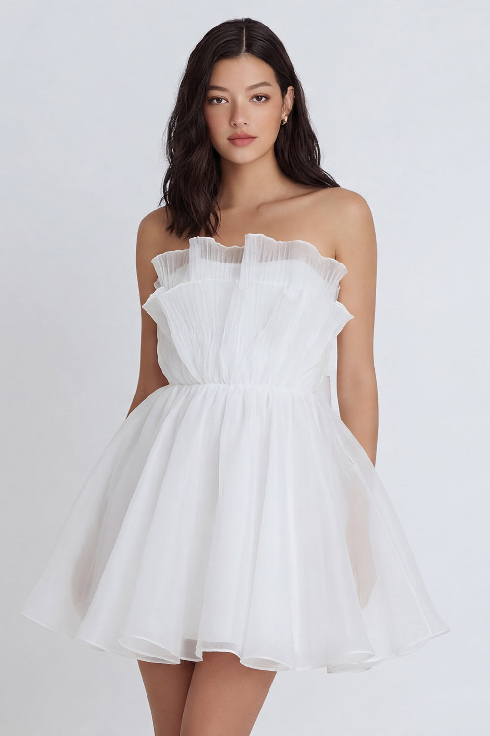 A Line Strapless Ivory Short Ruffled Bridal Shower Dress with Bow