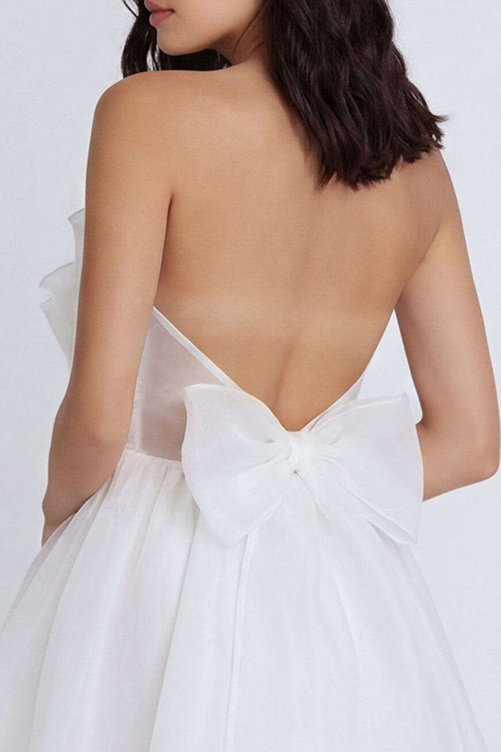 A Line Strapless Ivory Short Ruffled Bridal Shower Dress with Bow
