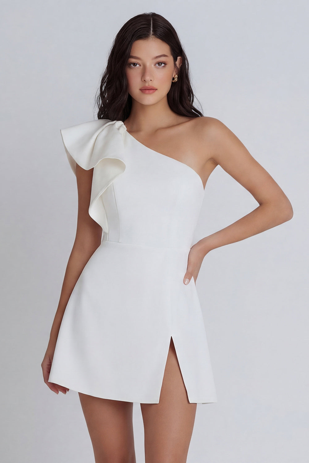 One Shoulder Ivory Ruffled A Line Short Bridal Shower Dress with Slit