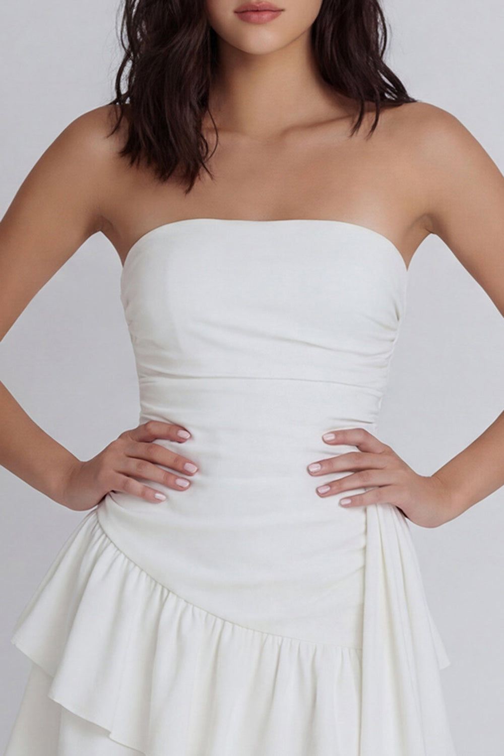Ruched Strapless Ivory Ruffled A Line Short Bridal Shower Dress