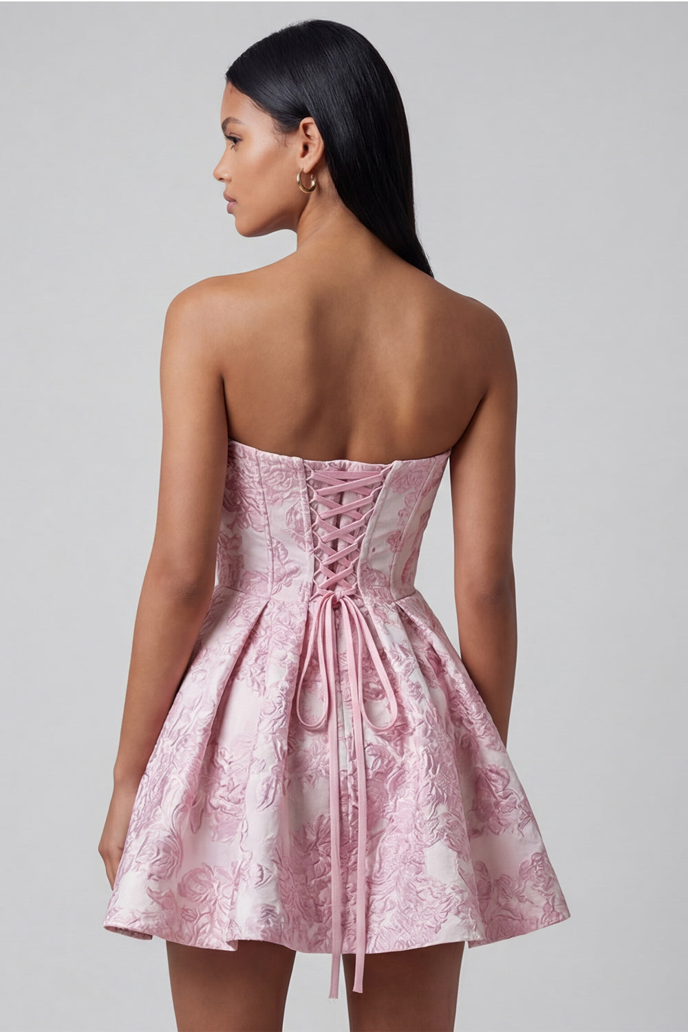 Ruffled Strapless Pink A Line Short Floral Corset Cocktail Dress with Bow