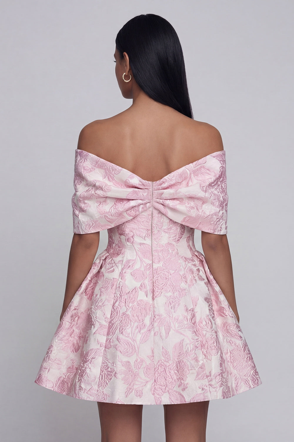 A Line Short Floral Off the Shoulder Pink Cocktail Dress with Bow