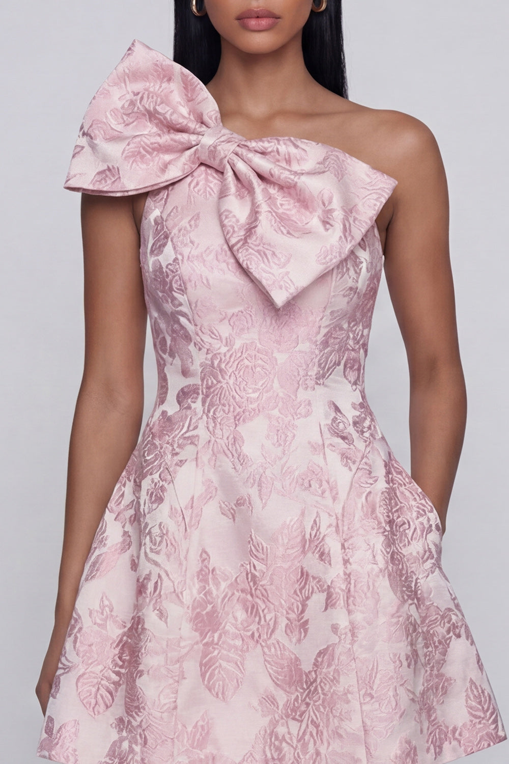 Pink A Line Short Floral One Shoulder Cocktail Dress with Bow