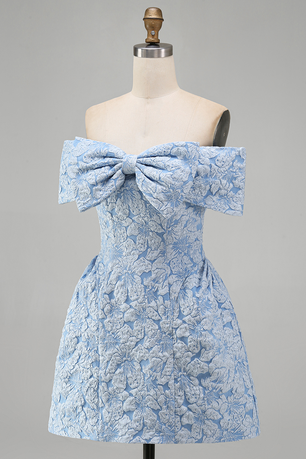 Blue A Line Short Floral Off the Shoulder Cocktail Dress with Bow