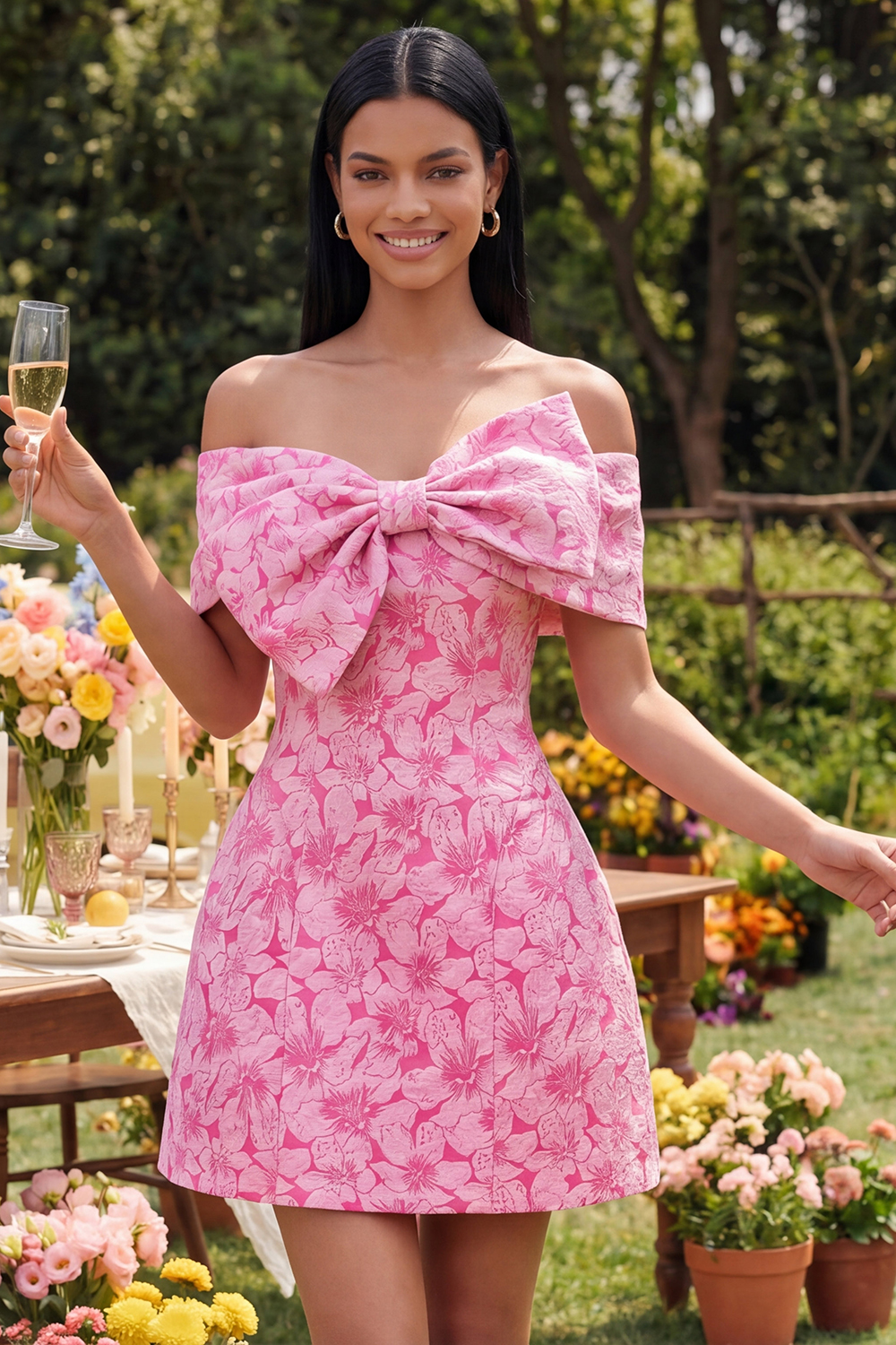 Blue A Line Short Floral Off the Shoulder Cocktail Dress with Bow