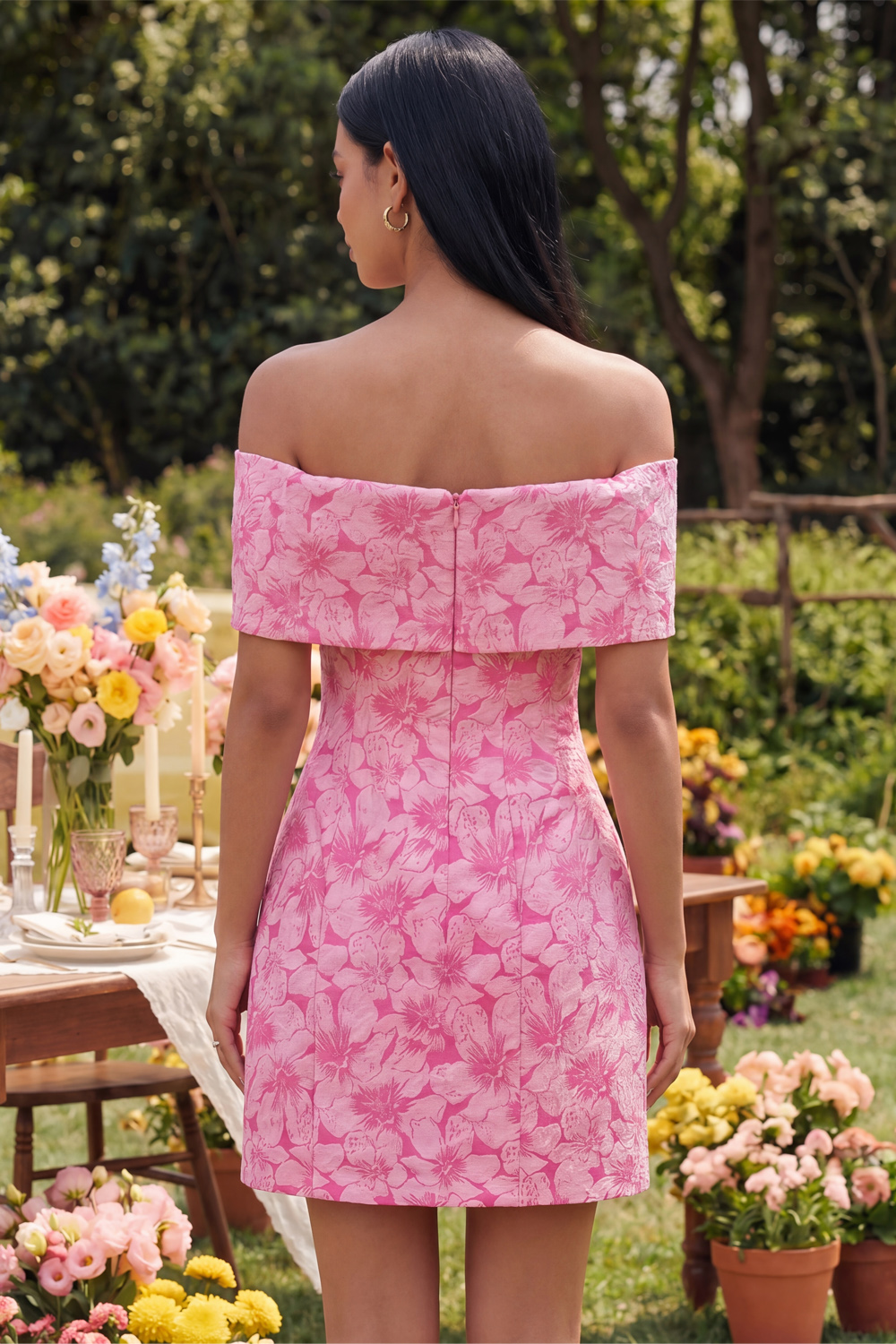 Blue A Line Short Floral Off the Shoulder Cocktail Dress with Bow