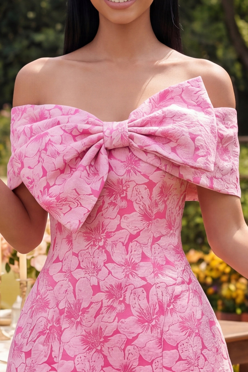 Blue A Line Short Floral Off the Shoulder Cocktail Dress with Bow