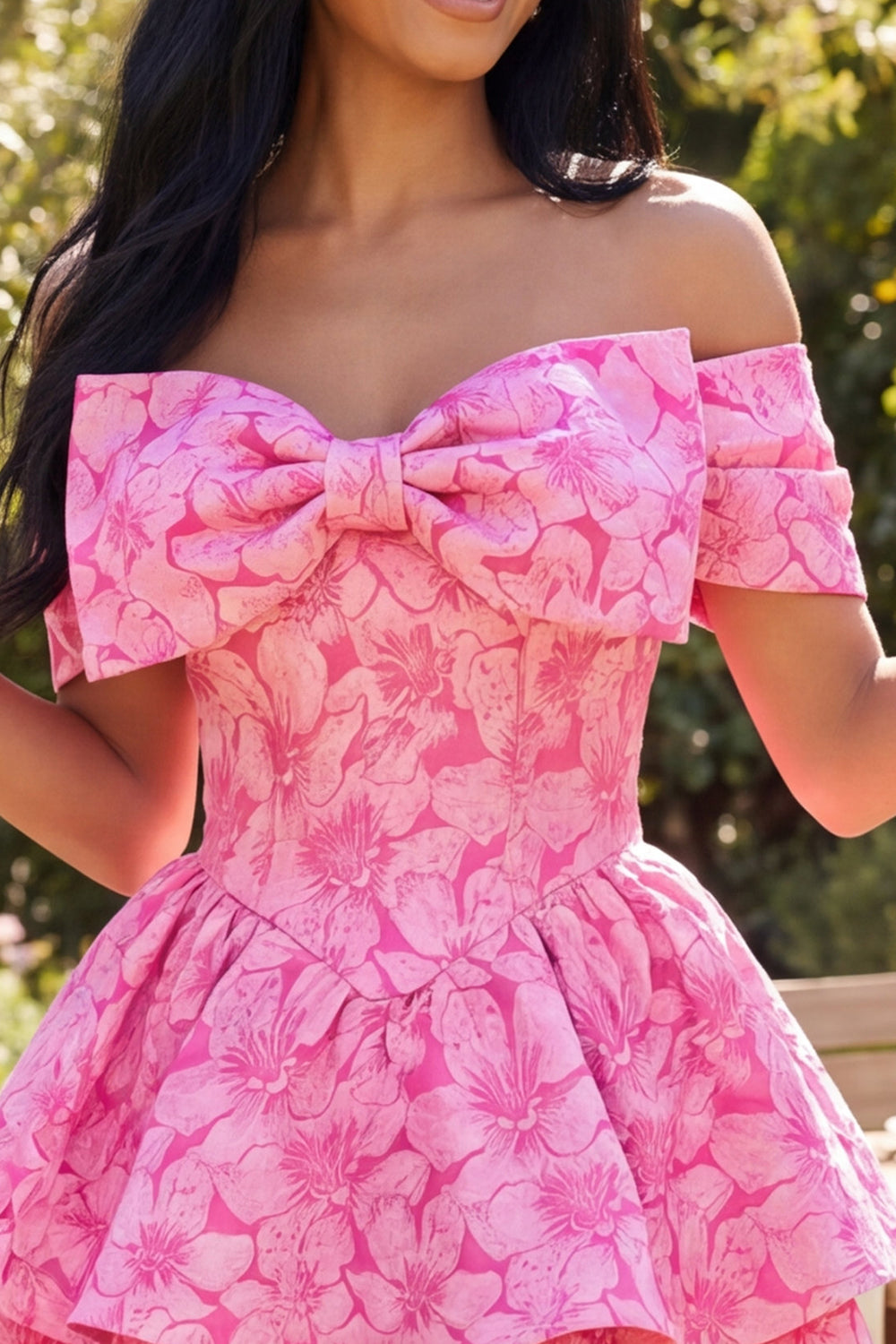 A Line Floral Short Off the Shoulder Fuchsia Ruffled Homecoming Dress with Bow