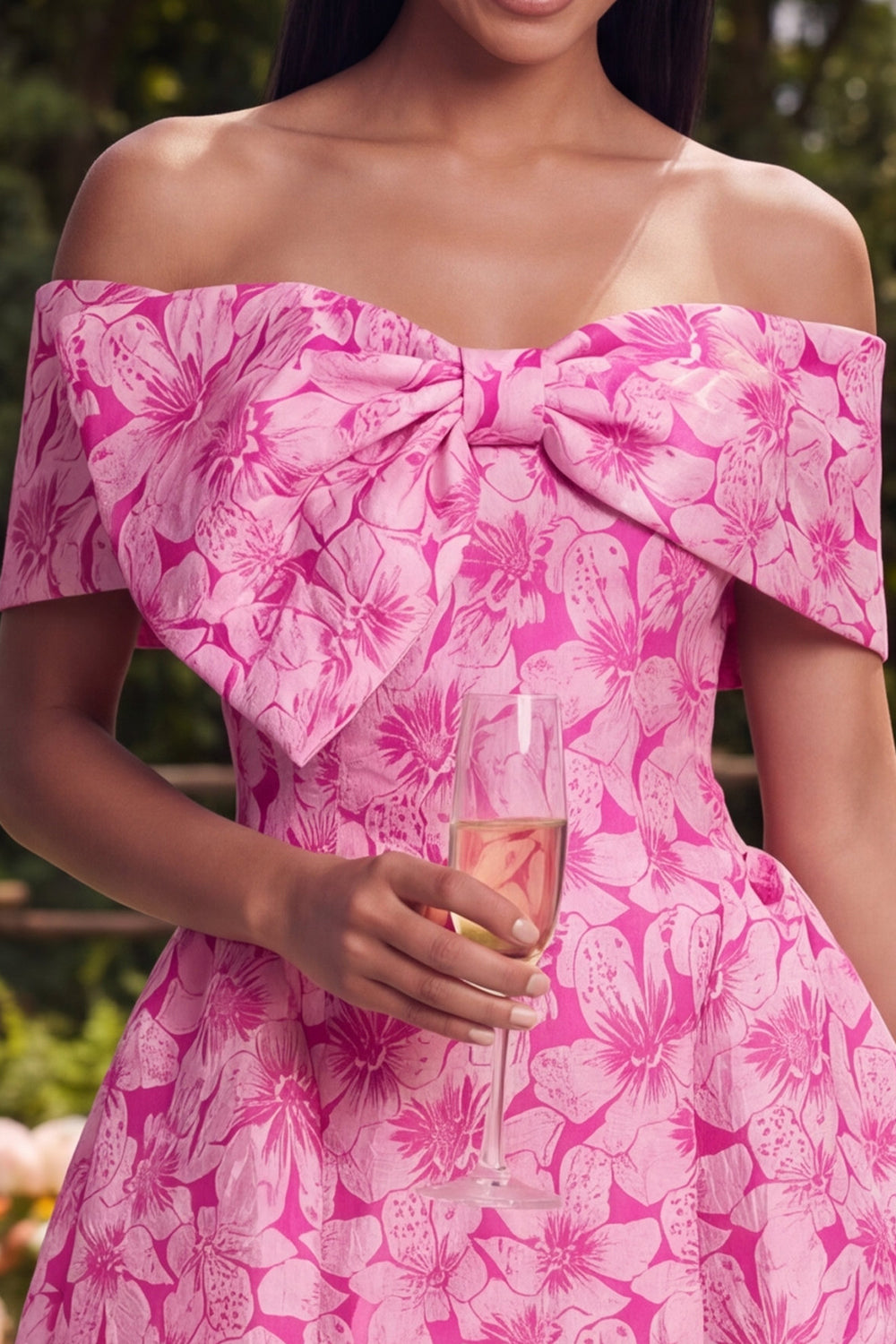 Fuchsia A Line Short Off the Shoulder Floral Homecoming Dress with Bow