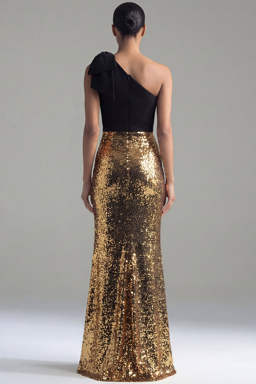 Ruched Long Glitter Mermaid Black and Gold One Shoulder Sequin Formal Dress with Bow