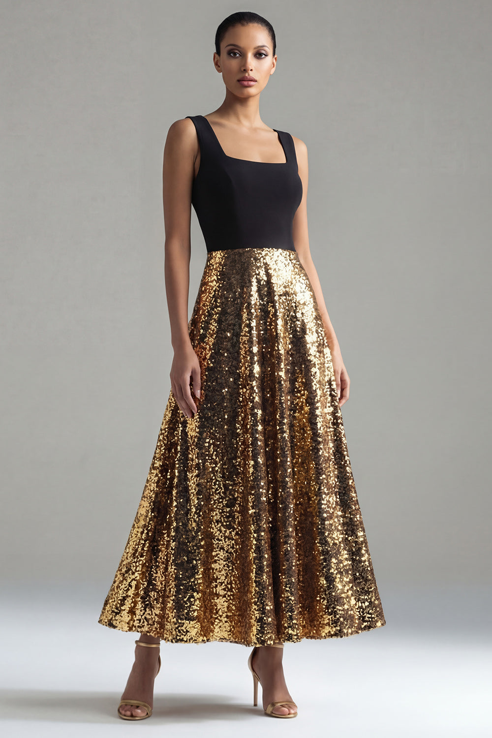 Glitter Square Neck A Line Black and Gold Maxi Sequin Formal Dress