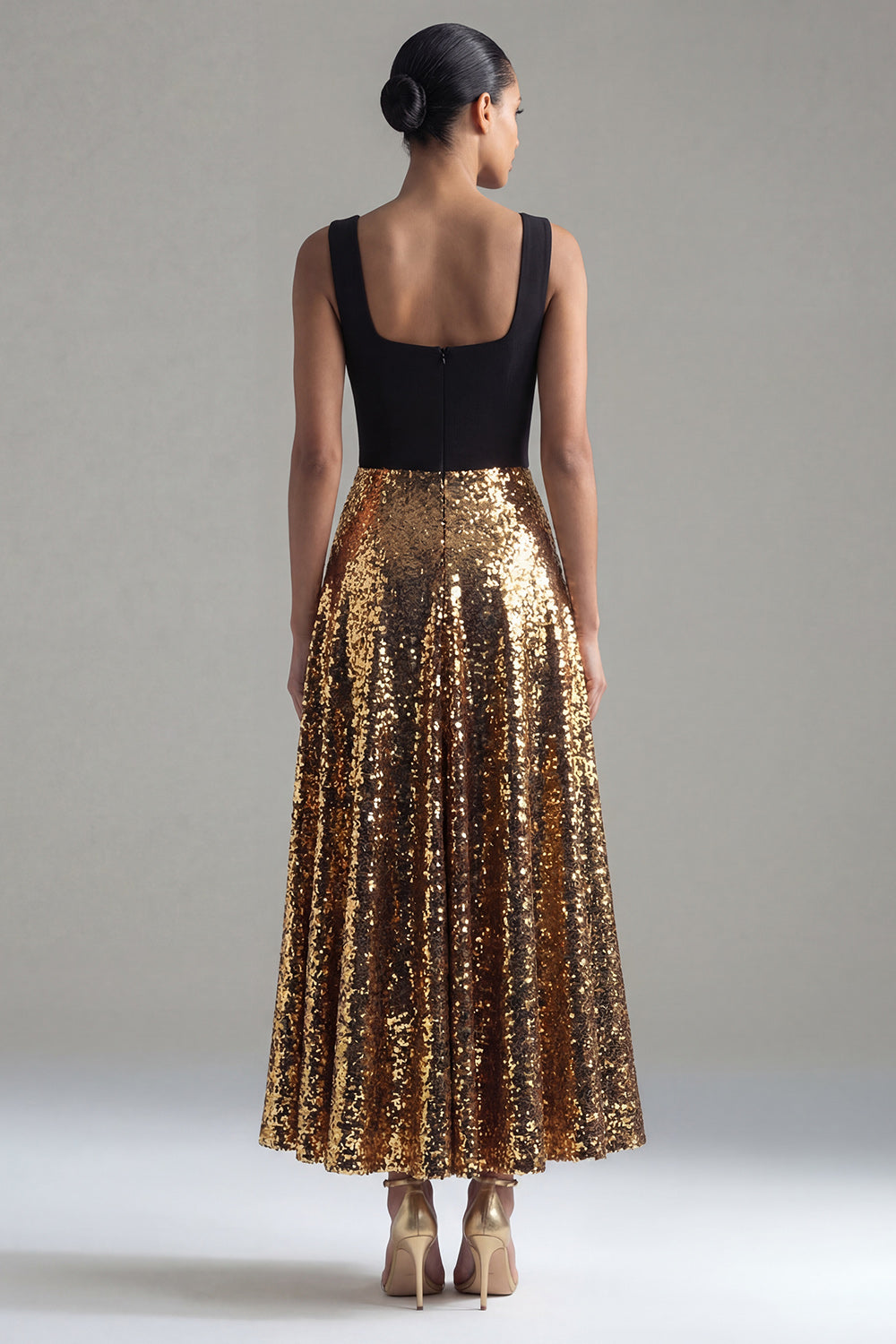 Glitter Square Neck A Line Black and Gold Maxi Sequin Formal Dress