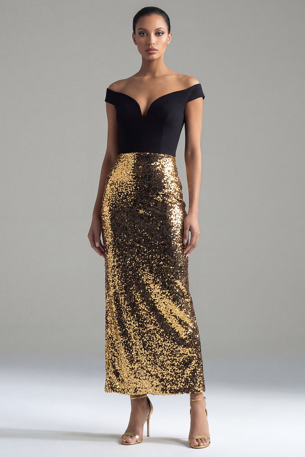 Black and Gold Off the Shoulder Glitter Sheath Maxi Sequin Formal Dress with Back Slit